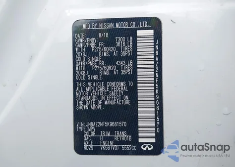 2019 Infiniti Qx80 Luxe from USA, damaged, VIN JN8AZ2NF5K9681570